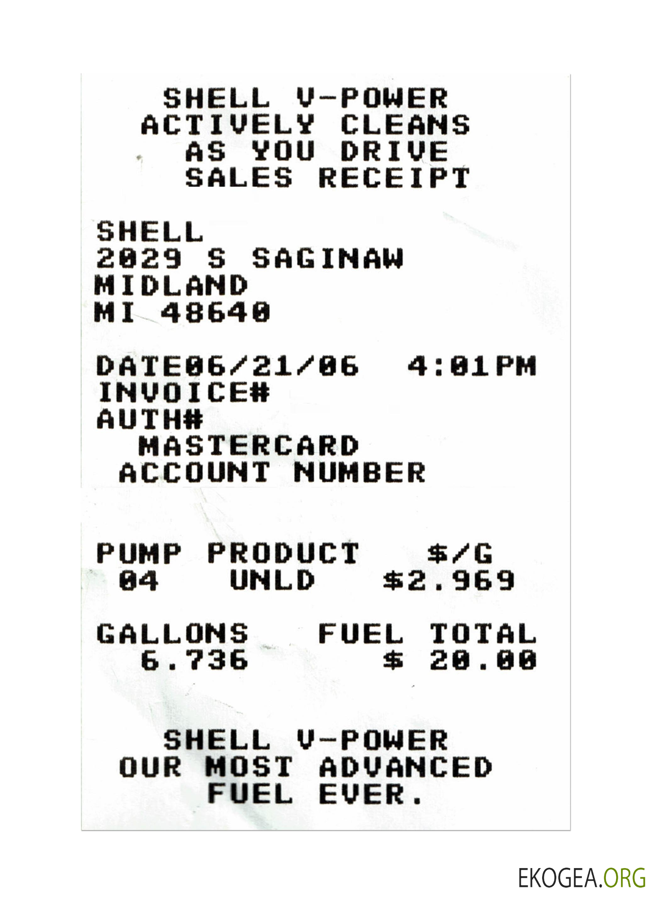 SHELL V, reçu de paiement POWER